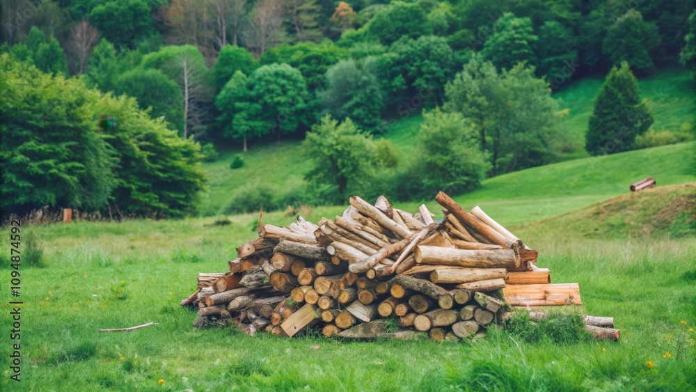 A Pile of Logs in a Green Meadow with a Forest in the Background A Pile of Logs in a Green Meadow with a Forest in the Background