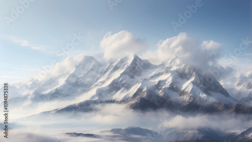 A Mountain Range Shrouded in Mist with Soft Sunlight