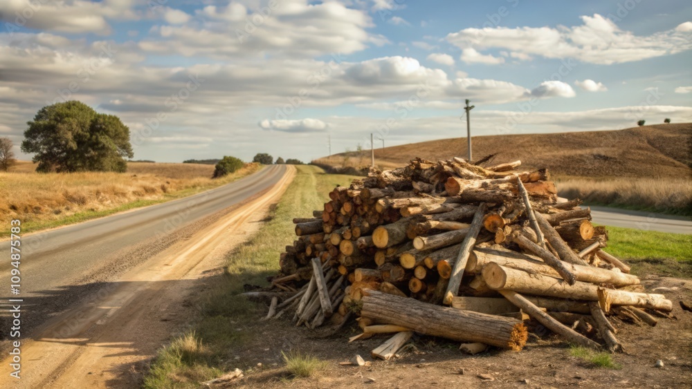 A Pile of Logs Beside a Winding Country Road A Pile of Logs Beside a Winding Country Road