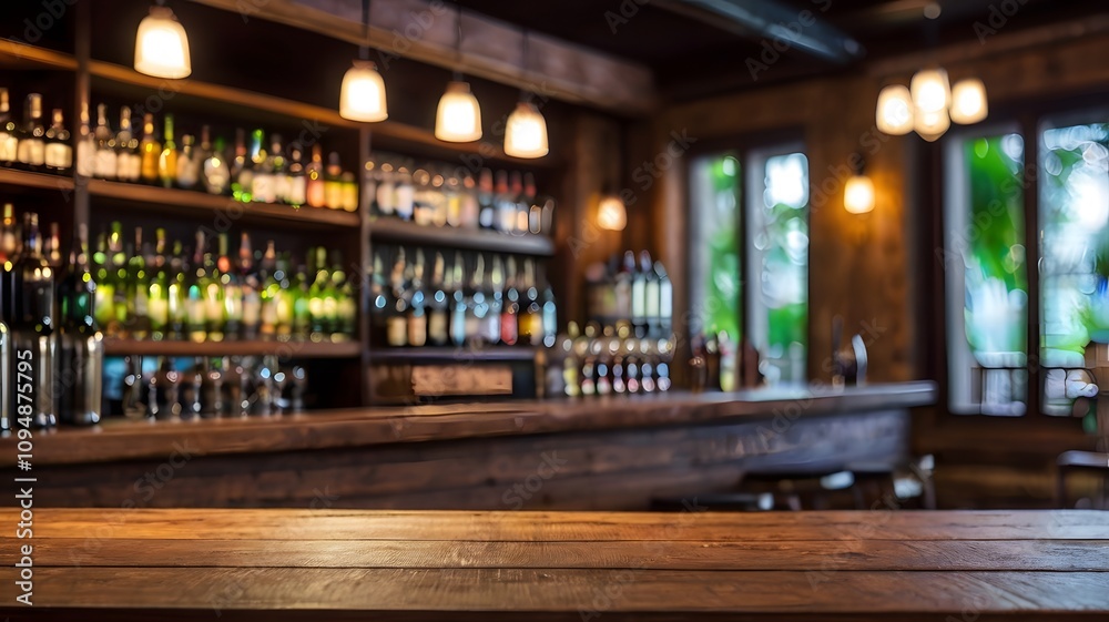 Wooden table with a view of blurred beverages bar bottle background. For create montage product display. Wooden table with a view of blurred beverages bar bottle background. For create montage product display.