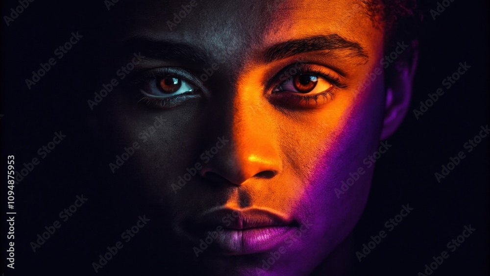 Half of the face is consumed by shadows lending an enigmatic feel while the other half radiates with a vivid orange and purple light. The shadows create deep recesses around the Half of the face is consumed by shadows lending an enigmatic feel while the other half radiates with a vivid orange and purple light. The shadows create deep recesses around the