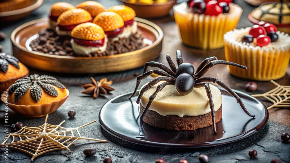 Captivating Food Photography Featuring a Black Spider with White Dot on a Delicious Dessert Spread, Showcasing Culinary Artistry and Intriguing Textures for Visual Appeal Captivating Food Photography Featuring a Black Spider with White Dot on a Delicious Dessert Spread, Showcasing Culinary Artistry and Intriguing Textures for Visual Appeal
