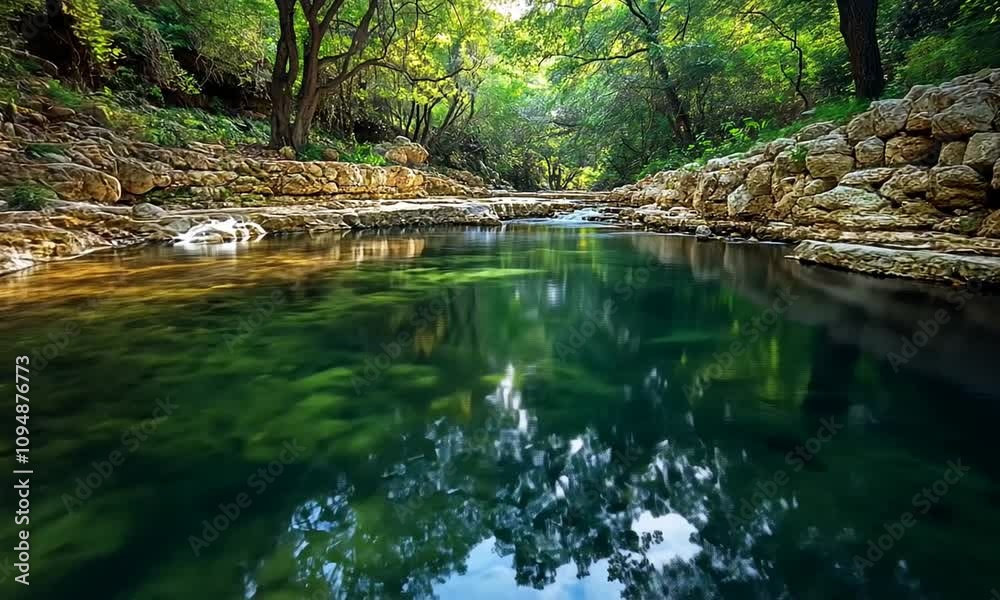 Tranquil river scene with lush greenery and clear water. Tranquil river scene with lush greenery and clear water.