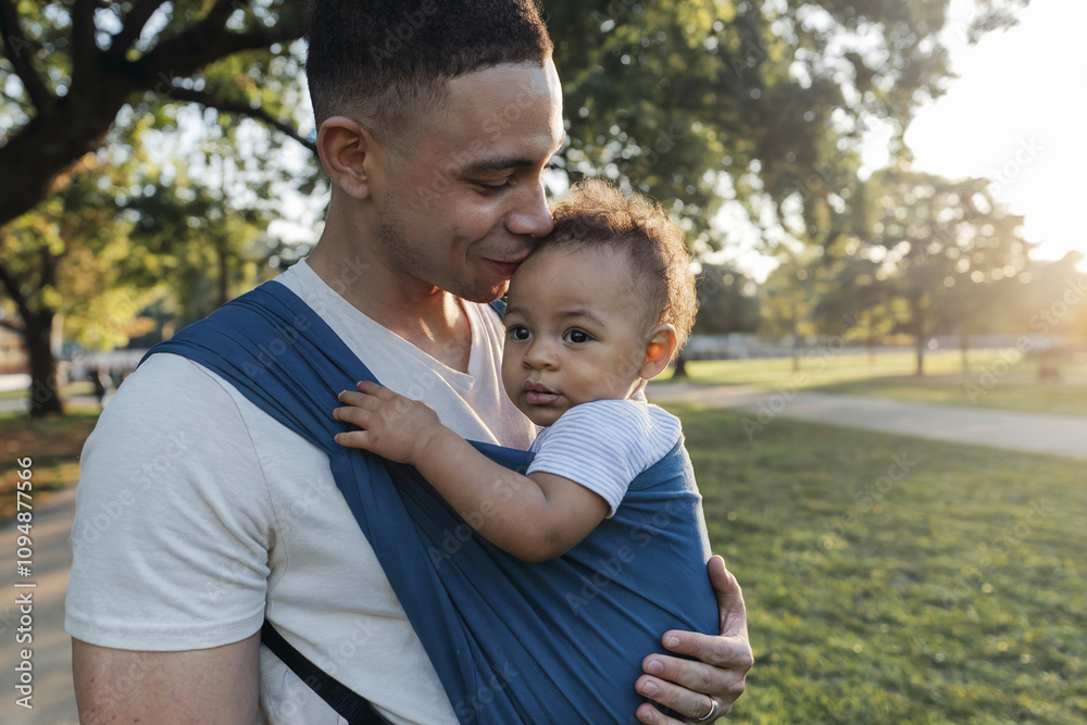 Young father holds his little son on a summer evening. Young father holds his little son on a summer evening.