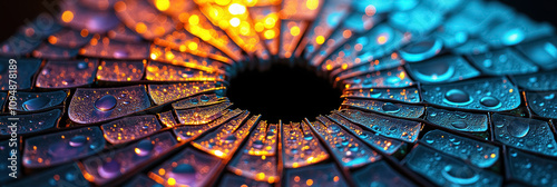Close-up object with colorful lights reflecting off and water droplets.