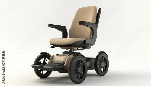 3D Rendering of Electric Wheelchair with Beige Fabric Seat, Black Armrests, and Dark Gray Wheels on White Background