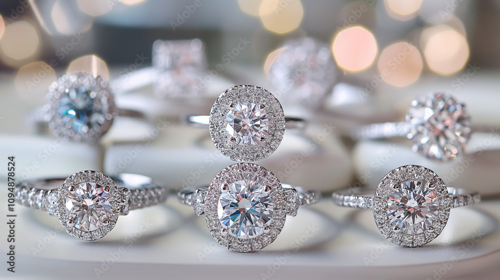 Elegant engagement rings displayed in a jewelry store setting. Elegant engagement rings displayed in a jewelry store setting.
