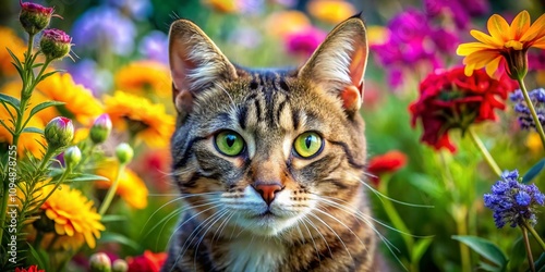 Captivating Front View of a Cat's Face Surrounded by Lush Greenery and Vibrant Flowers, Perfect for Nature Lovers and Animal Enthusiasts Alike, Evoking Serenity and Curiosity