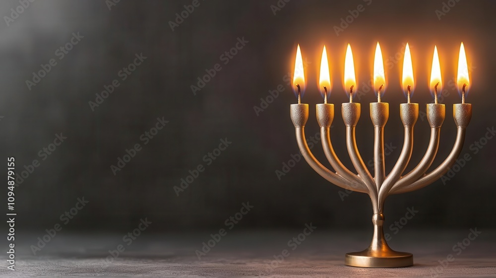 Fototapeta premium Elegant menorah with lit candles against a dark background.