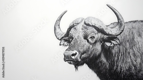 A buffalo mid-turn, looking back over its shoulder on a white background