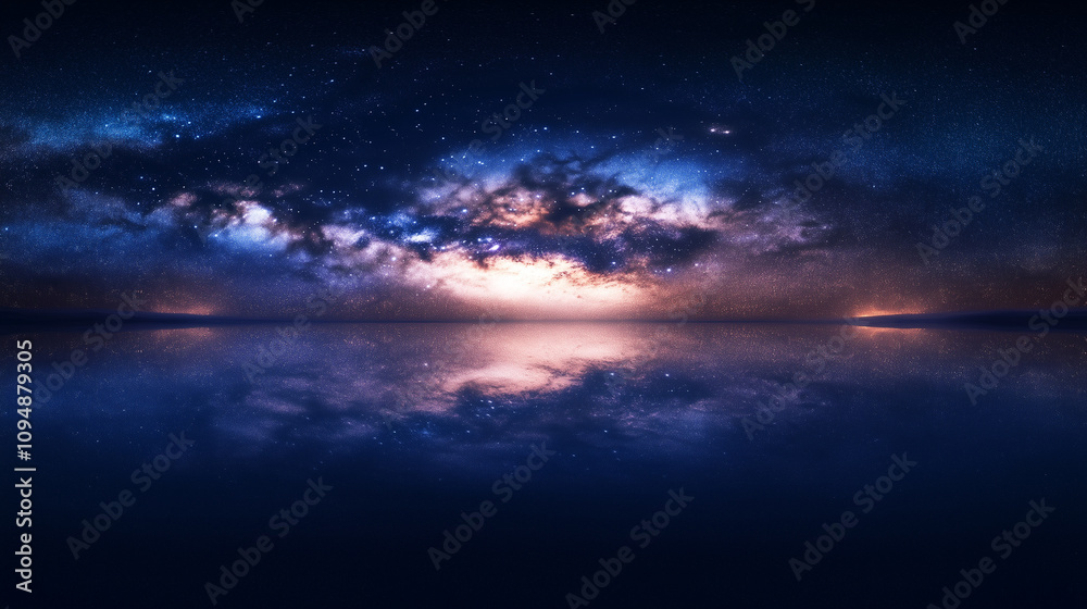 Fototapeta premium Magnificent Milky Way Galaxy Over Water Surface, Night Sky Background