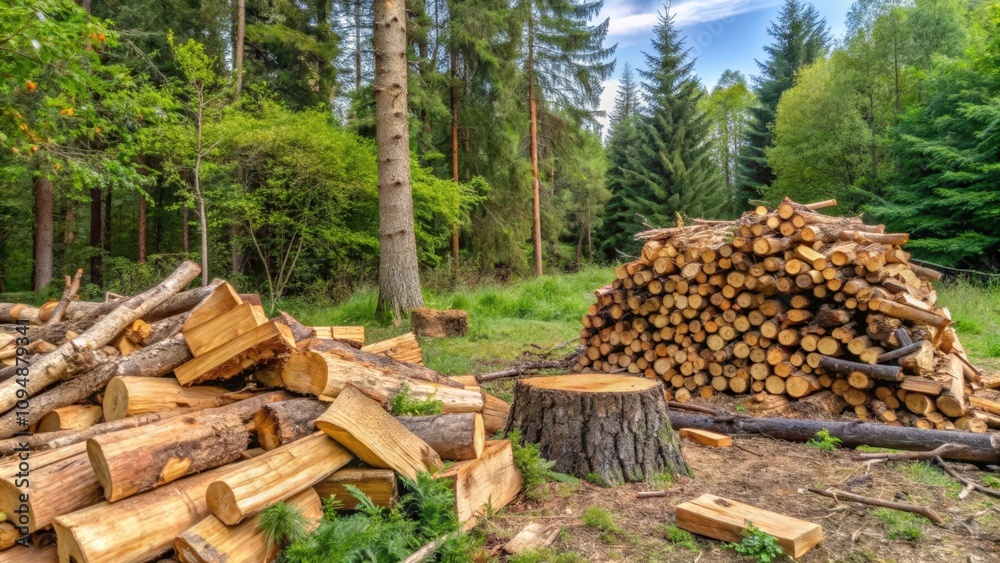 Stacked Logs and Tree Stump in a Forest Clearing Stacked Logs and Tree Stump in a Forest Clearing