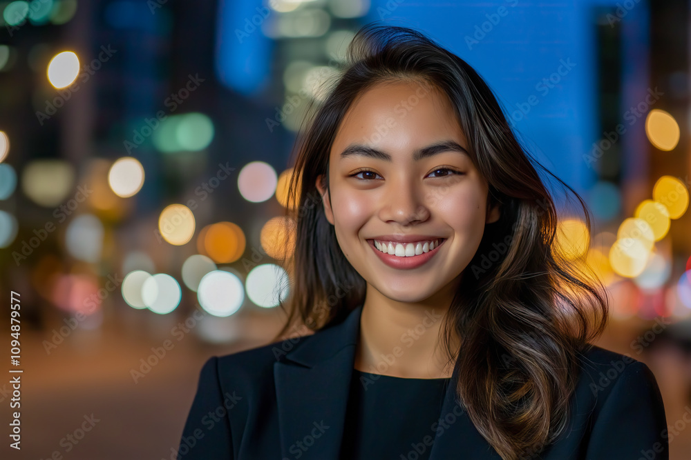 Confident Young Asian Businesswoman Smiling Outdoors with Modern Cityscape and Bokeh Lights in Evening Setting Confident Young Asian Businesswoman Smiling Outdoors with Modern Cityscape and Bokeh Lights in Evening Setting