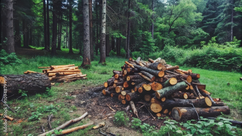 A Pile of Logs in a Lush Green Forest A Pile of Logs in a Lush Green Forest