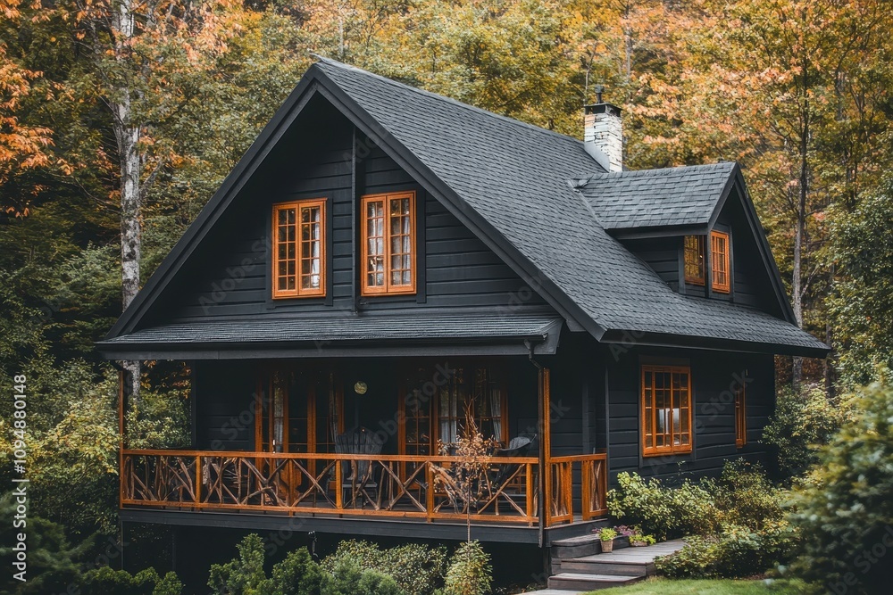 A cozy black wooden house surrounded by autumn foliage. A cozy black wooden house surrounded by autumn foliage.