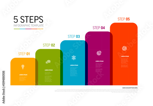 Multipurpose infographic template with five rainbow colors semi transparent block steps with description and icons. Layout template for step progress infochart