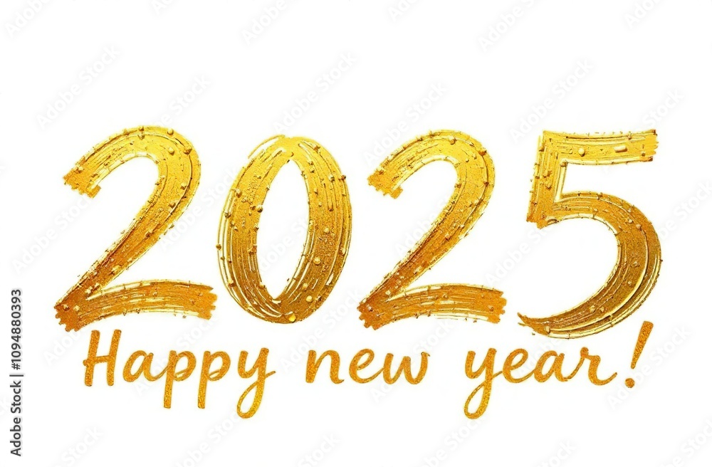 Happy New Year 2025 inscription on a white background. Script handwritten font. Text with gold foil effect. Greeting card for December holidays, Christmas. New Year's banner Happy New Year 2025 inscription on a white background. Script handwritten font. Text with gold foil effect. Greeting card for December holidays, Christmas. New Year's banner