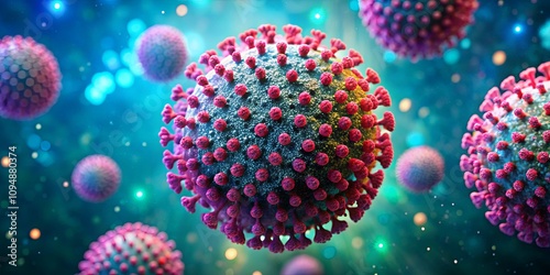 Detailed Representation of Spherical Virus Particles with Colorful Spikes in a Vibrant Microenvironment for Scientific and Educational Use