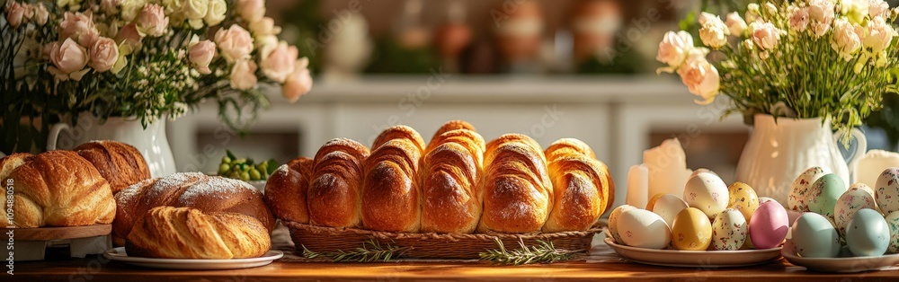 Traditional Italian Easter bread with colored eggs and sprinkles