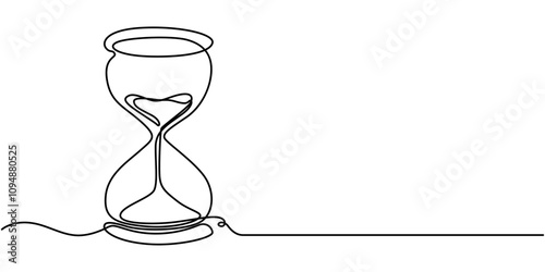 One continuous line drawing of sand hourglass. Vintage timer as Countdown concept in simple linear style. Doodle vector illustration, One line continuous hourglass. Line art hourglass outline. 