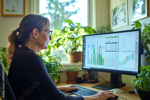 Focused woman working on data charts at a desktop computer in a home office surrounded by plants 