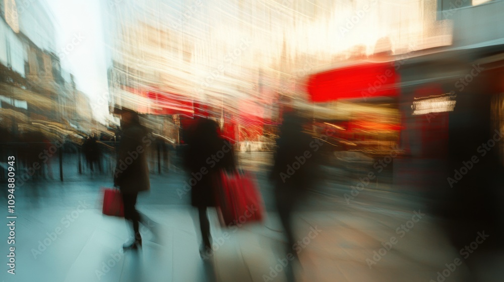 Obraz premium Motion blurred shopper with shopping bags walking in shopping mall in big city street.