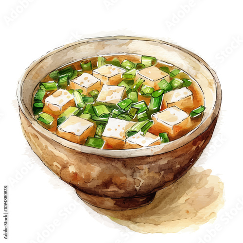 A watercolor painting of Miso Soup, isolated on a white background. Miso Soup vector.