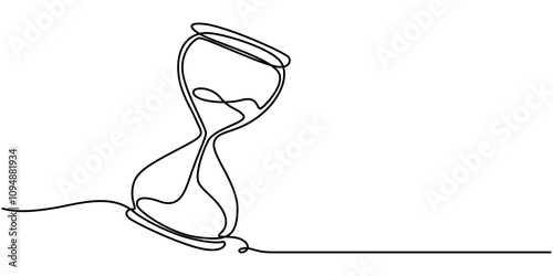 One continuous line drawing of sand hourglass. Vintage timer as Countdown concept in simple linear style. Doodle vector illustration, One line continuous hourglass. Line art hourglass outline. 