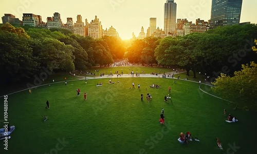 Sunset over a park filled with people enjoying nature.