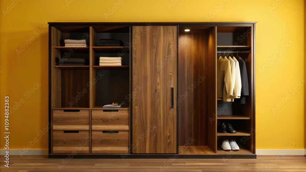Modern Wooden Wardrobe with Open Shelves and Hanging Space Modern Wooden Wardrobe with Open Shelves and Hanging Space
