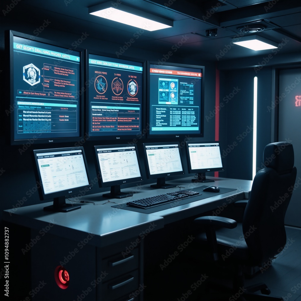 Futuristic prison control room featuring glowing cybersecurity icons for network surveillance Futuristic prison control room featuring glowing cybersecurity icons for network surveillance