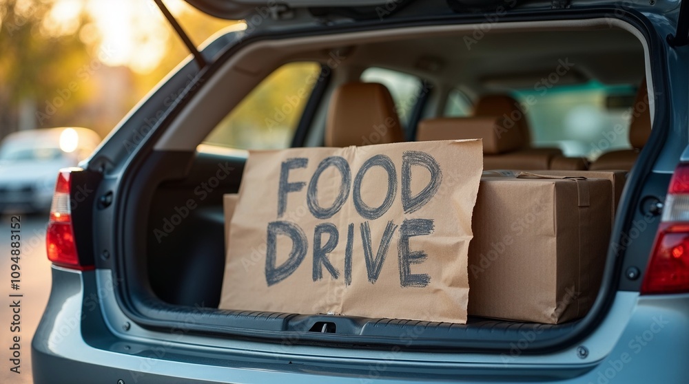 Fototapeta premium Food drive sign with donation boxes in a car trunk