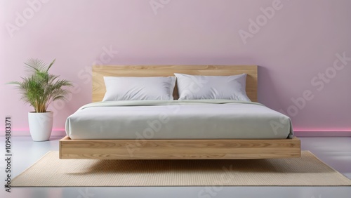 Wooden Bed Frame with White Pillows and Bedding in a Minimalist Bedroom