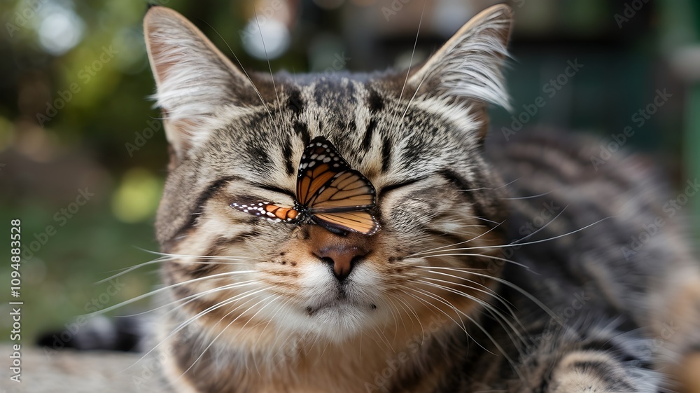 Cat’s nose with butterfly resting on it in blurred greenery Cat’s nose with butterfly resting on it in blurred greenery