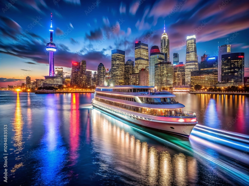 Fototapeta premium Captivating Long Exposure Image of Hornblower Canada Cruises at Night, Highlighting the Vibrant Cityscape and Reflections on Water with a Stunning Sky Full of Stars
