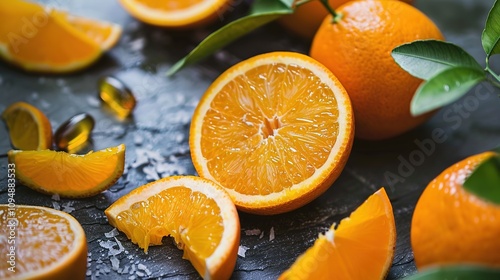 Fresh Oranges and Vitamin Supplements - a vibrant and health-focused visual. The combination of fresh oranges and supplements on a clean background highlights wellness and vitality.