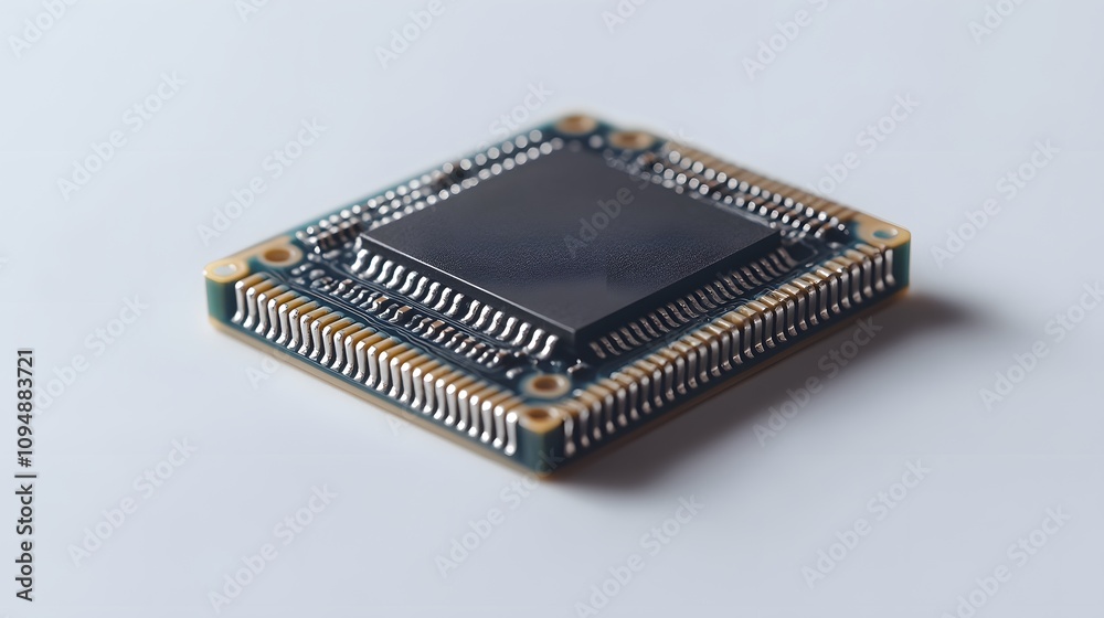 Detailed circuit board and microchip photographed on pristine white surface, highlighting technological precision and industrial components in clean composition. Detailed circuit board and microchip photographed on pristine white surface, highlighting technological precision and industrial components in clean composition.