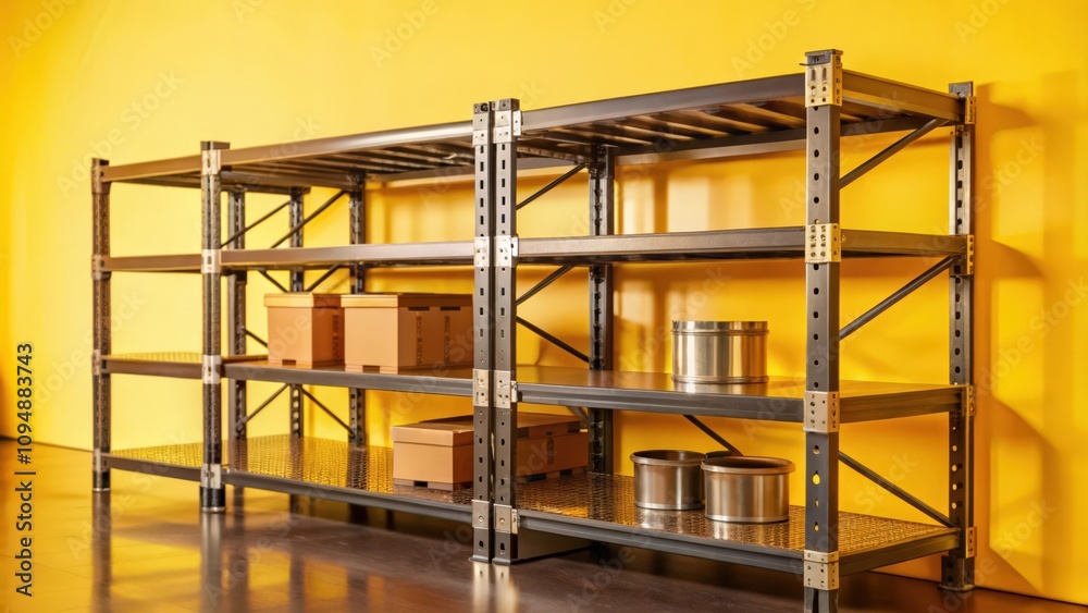 Fototapeta premium Metal Shelving Unit with Boxes and Cans Against a Yellow Wall
