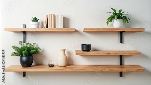 Wooden Shelves with Plants, Books, and Decor