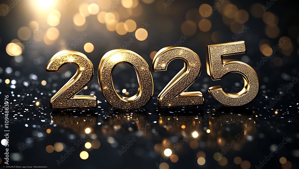 3D golden numbers “2025” on a black background with bokeh lights, symbolizing a New Year celebration, with intricate details and fine resolution.
