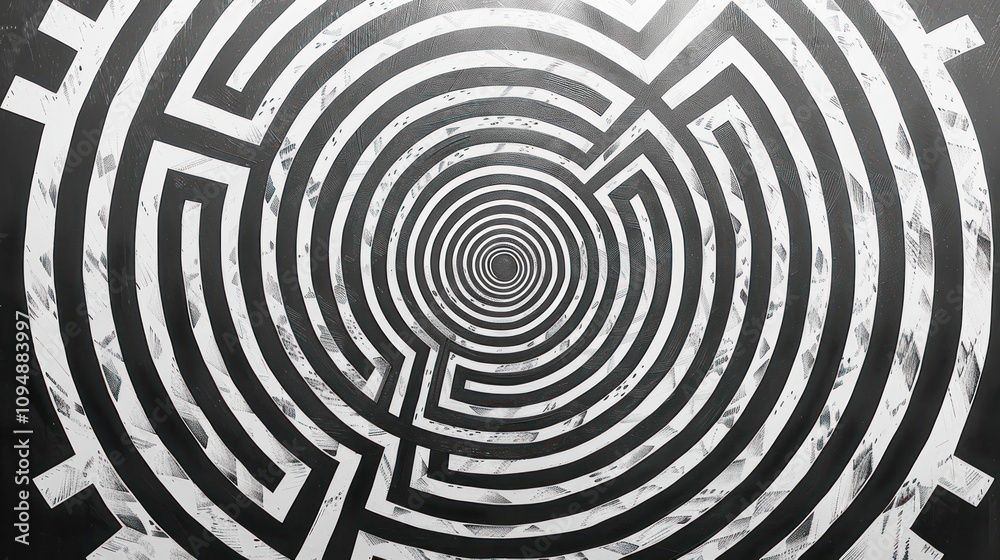A black and white spiral maze design creating an optical illusion effect.
