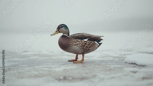 A duck walking along the ground with its head lowered as if foraging on a white background photo