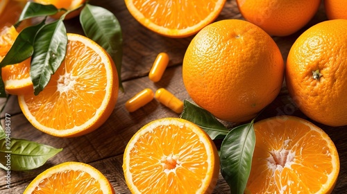 Fresh Oranges and Vitamin Supplements - a vibrant and health-focused visual. The combination of fresh oranges and supplements on a clean background highlights wellness and vitality.