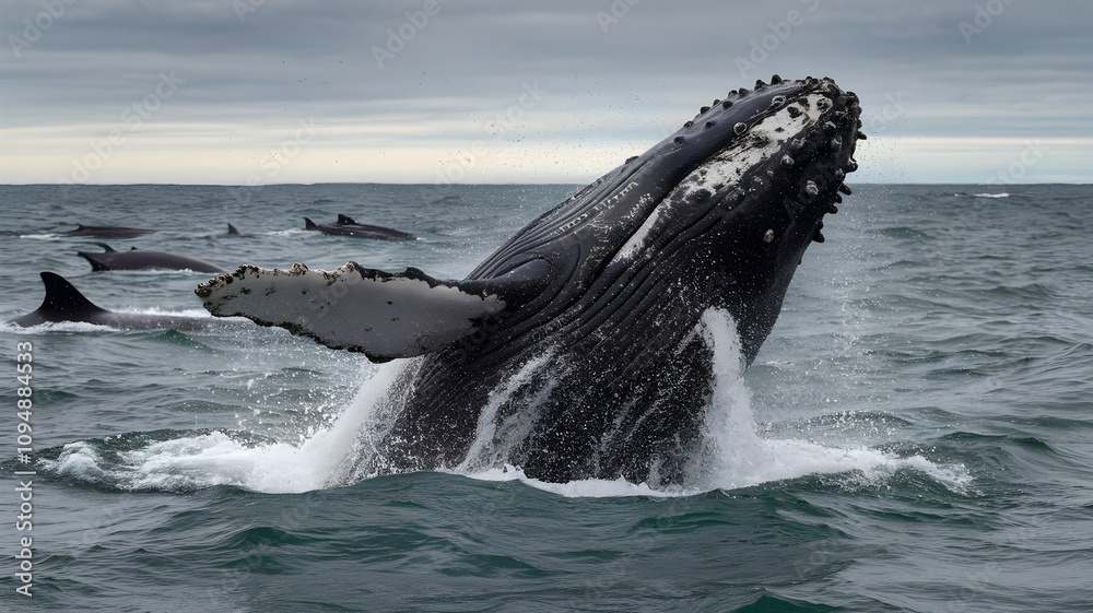 Fototapeta premium Whale breaching the ocean surface with barnacles and open mouth