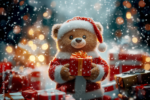 Fluffy Bear in Santa Costume Holding a Gift Box Surrounded by Cheer