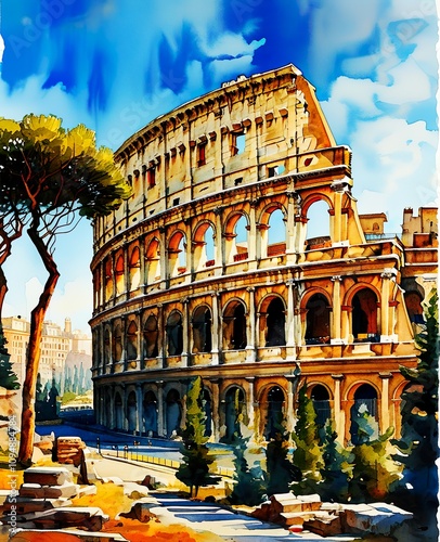 Timeless Rome: Watercolor View of the Colosseum and Ancient Ruins