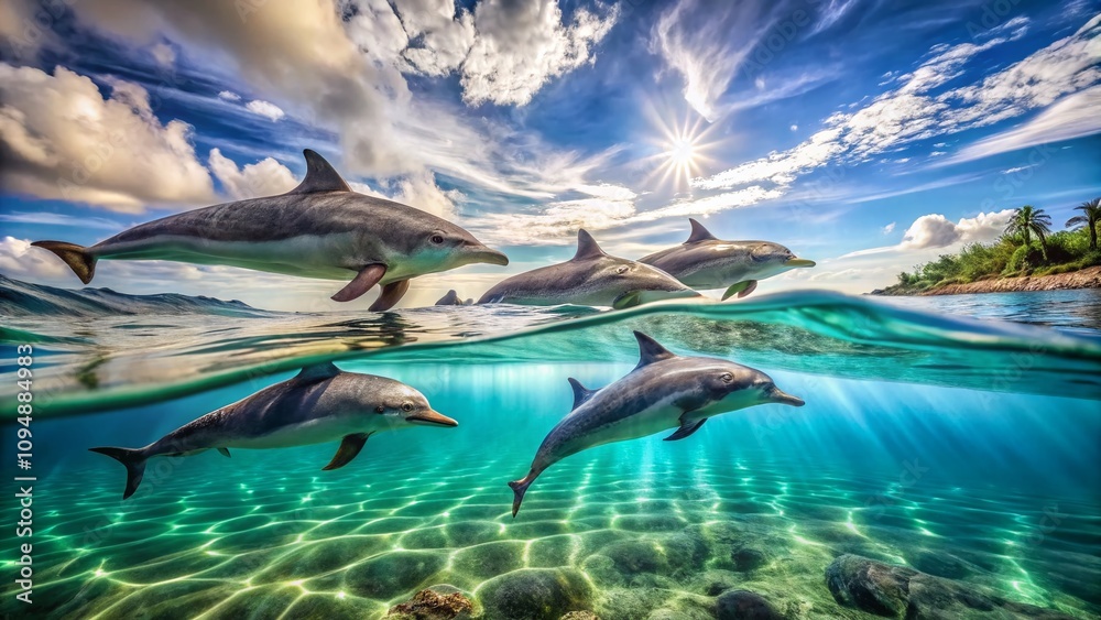 Fototapeta premium Captivating Long Exposure of Dolphins Swimming Gracefully Under Water, Showcasing the Beauty of Nature and Marine Life in Stunning Clarity for Photography Enthusiasts and Nature Lovers