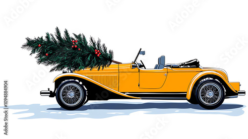 Winter holiday stock illustrations for postcards. vintage yellow car adorned with Christmas tree, evoking festive cheer and nostalgia. Perfect for holiday celebrations and seasonal decorations photo