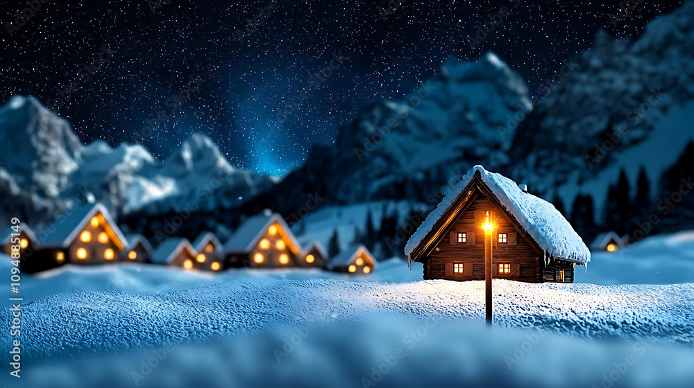 Fototapeta premium Winter holiday stock illustrations for postcards. serene snowy mountain village with cozy cabins illuminated at night, surrounded by majestic peaks and starry sky, creating peaceful winter atmosphere