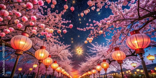 Captivating Long Exposure of Cherry Blossoms Illuminated by Chinese New Year Lanterns Under a Starry Sky